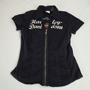 Vintage Harley Davidson Zip Up Mechanic Motorcycles Biker Shirt Women's Size S